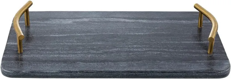 14 Inch Dark Gray Marble Rectangular Serving Tray with Curved Brass Tone Metal Handles, Dining Table Platter