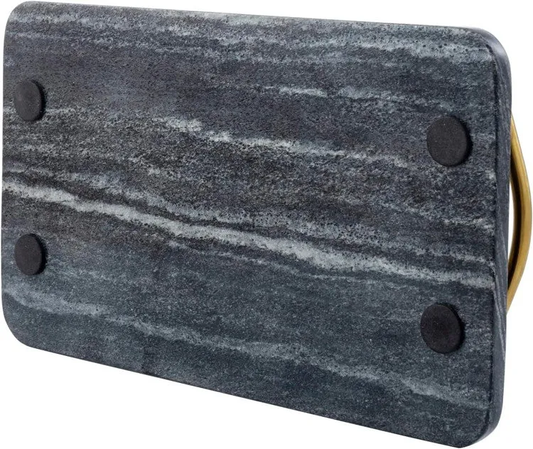 14 Inch Dark Gray Marble Rectangular Serving Tray with Curved Brass Tone Metal Handles, Dining Table Platter