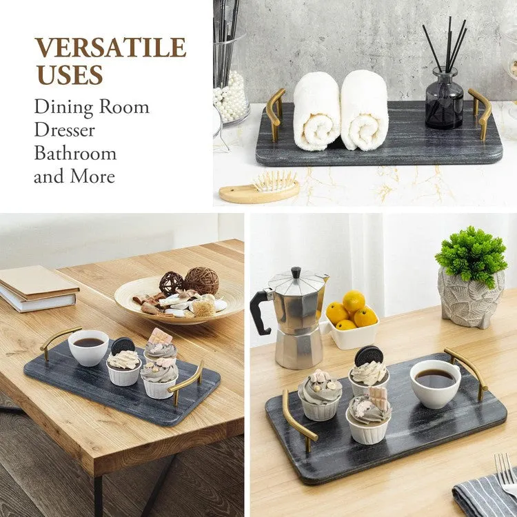 14 Inch Dark Gray Marble Rectangular Serving Tray with Curved Brass Tone Metal Handles, Dining Table Platter