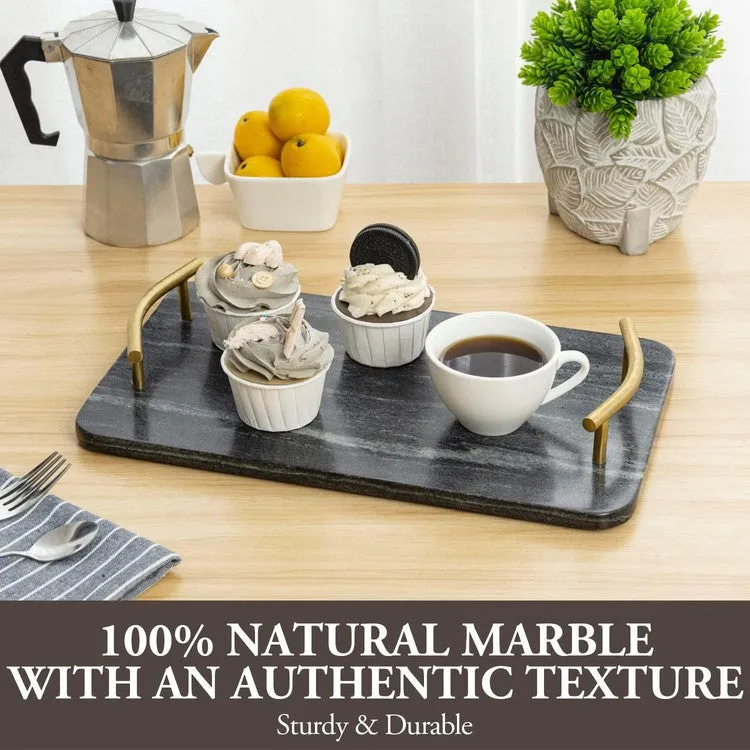 14 Inch Dark Gray Marble Rectangular Serving Tray with Curved Brass Tone Metal Handles, Dining Table Platter