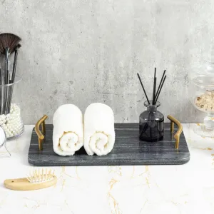 14 Inch Dark Gray Marble Rectangular Serving Tray with Curved Brass Tone Metal Handles, Dining Table Platter