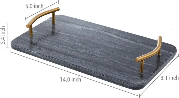 14 Inch Dark Gray Marble Rectangular Serving Tray with Curved Brass Tone Metal Handles, Dining Table Platter
