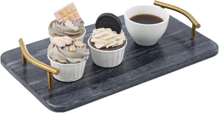 14 Inch Dark Gray Marble Rectangular Serving Tray with Curved Brass Tone Metal Handles, Dining Table Platter