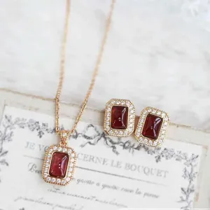 925 Sterling Silver Earring and Necklace Charm Jewelry Set - Square Natural Red Agate Stone - Xm272
