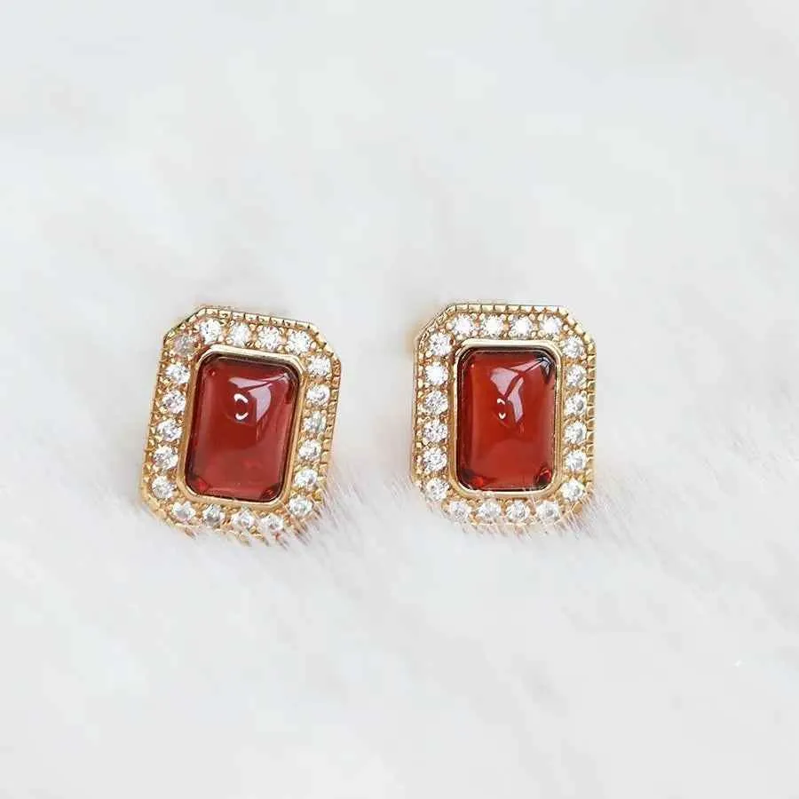 925 Sterling Silver Earring and Necklace Charm Jewelry Set - Square Natural Red Agate Stone - Xm272