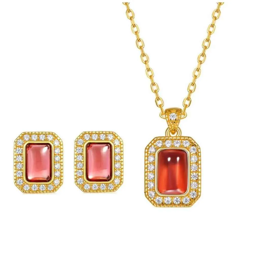 925 Sterling Silver Earring and Necklace Charm Jewelry Set - Square Natural Red Agate Stone - Xm272