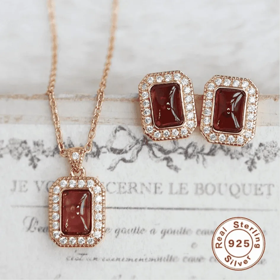 925 Sterling Silver Earring and Necklace Charm Jewelry Set - Square Natural Red Agate Stone - Xm272