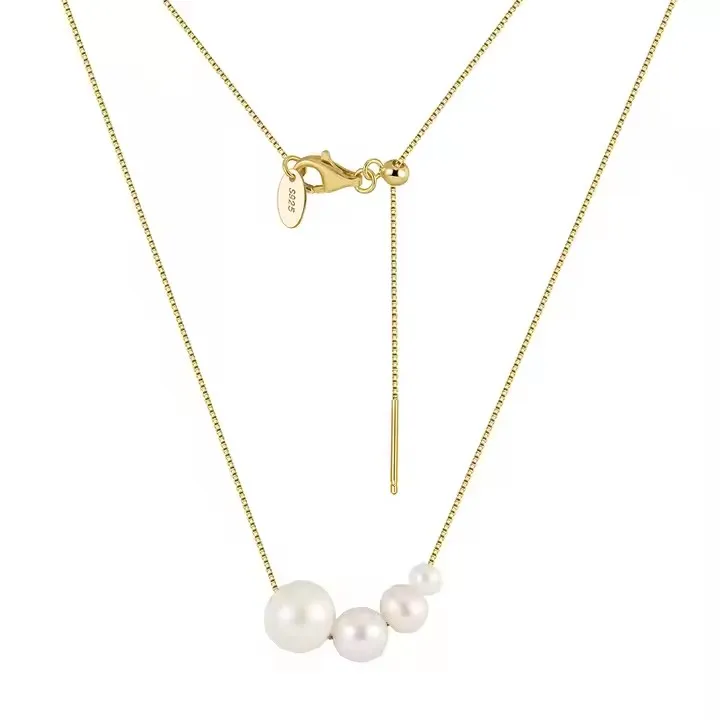 925 Sterling Silver Layered Necklace 18ct Gold Plating with Round Fresh Water Pearls