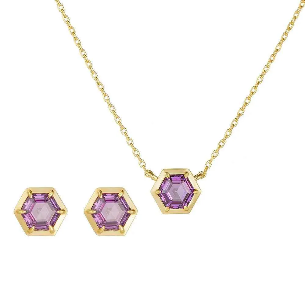 925 Sterling Silver Necklace and Earring Charm Jewelry Set - Hexagonal Zircon Pendant - CCF0024