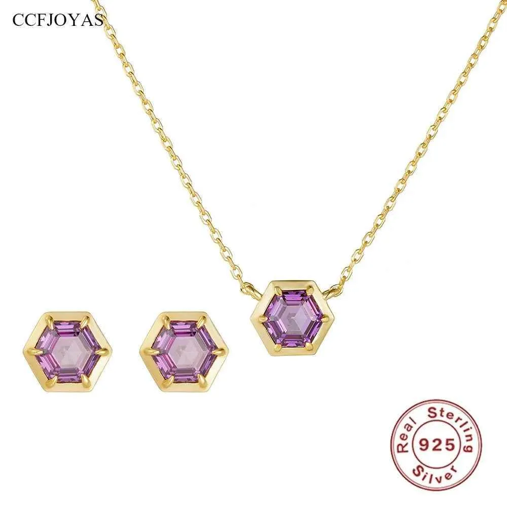 925 Sterling Silver Necklace and Earring Charm Jewelry Set - Hexagonal Zircon Pendant - CCF0024