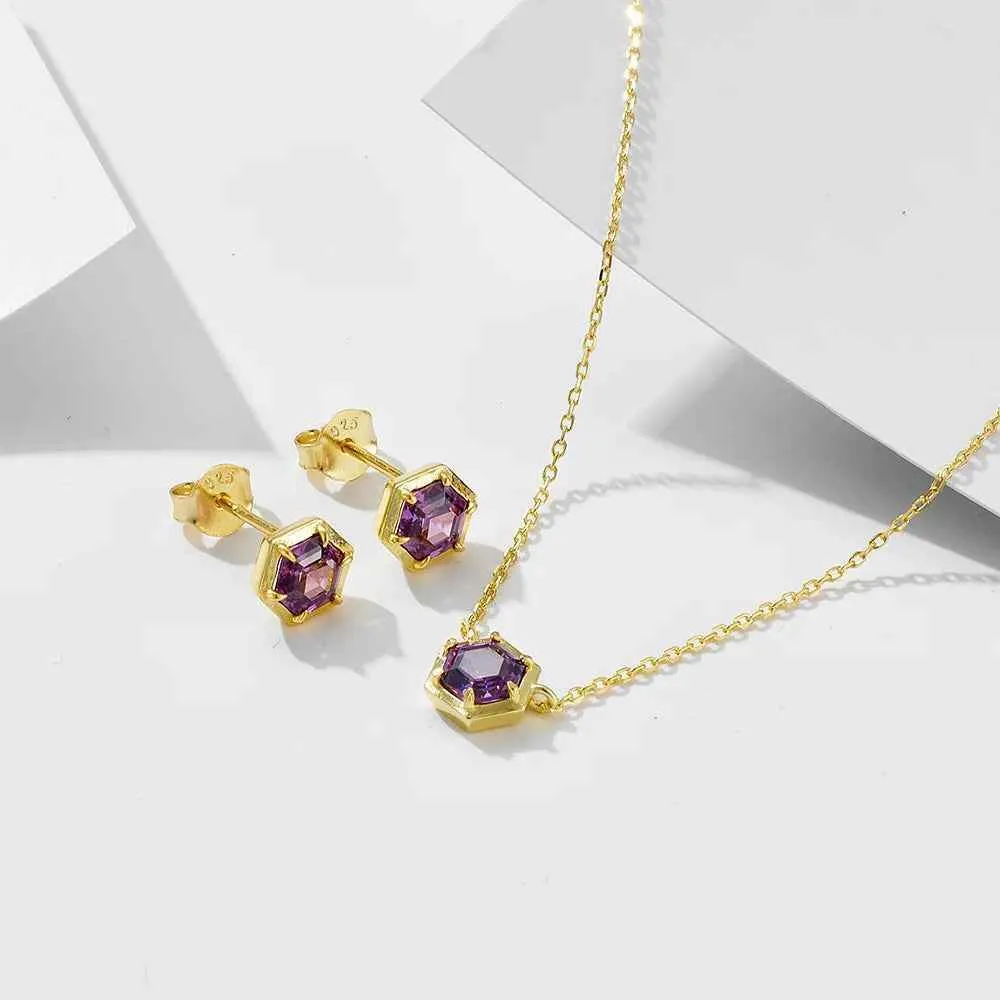 925 Sterling Silver Necklace and Earring Charm Jewelry Set - Hexagonal Zircon Pendant - CCF0024