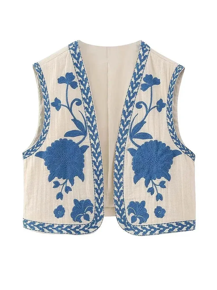 Artisanal Embroidered Cropped Waistcoat - Women Vintage Vest