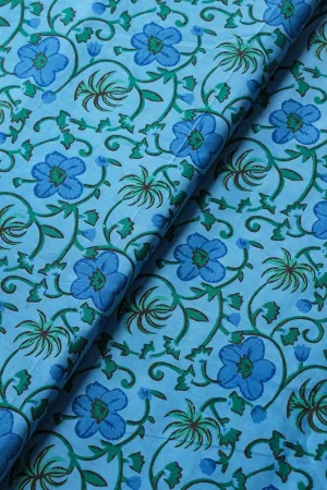 Azzure Blue And Carolina Blue Floral Print On Pure Cotton Fabric