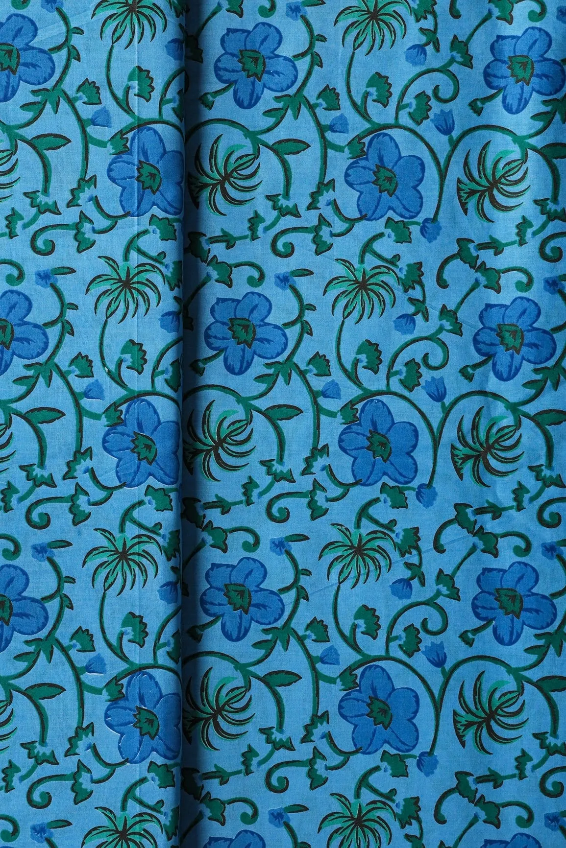 Azzure Blue And Carolina Blue Floral Print On Pure Cotton Fabric