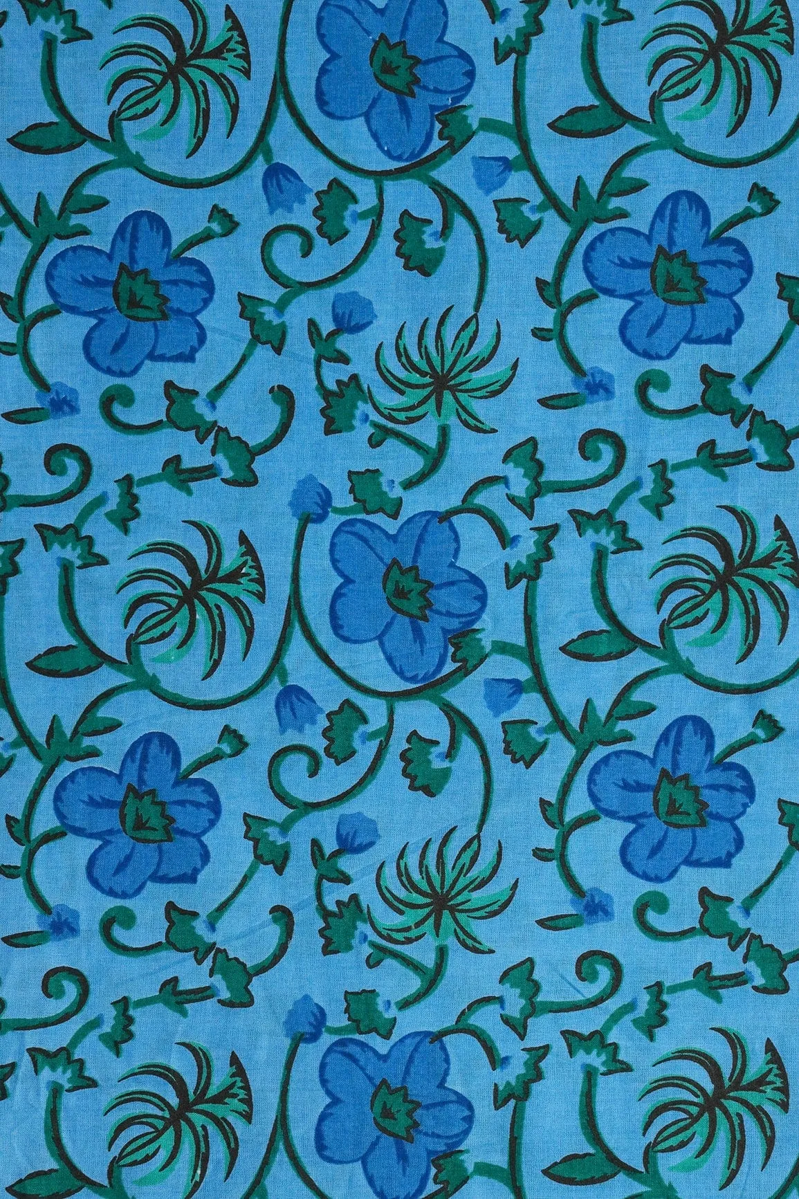 Azzure Blue And Carolina Blue Floral Print On Pure Cotton Fabric