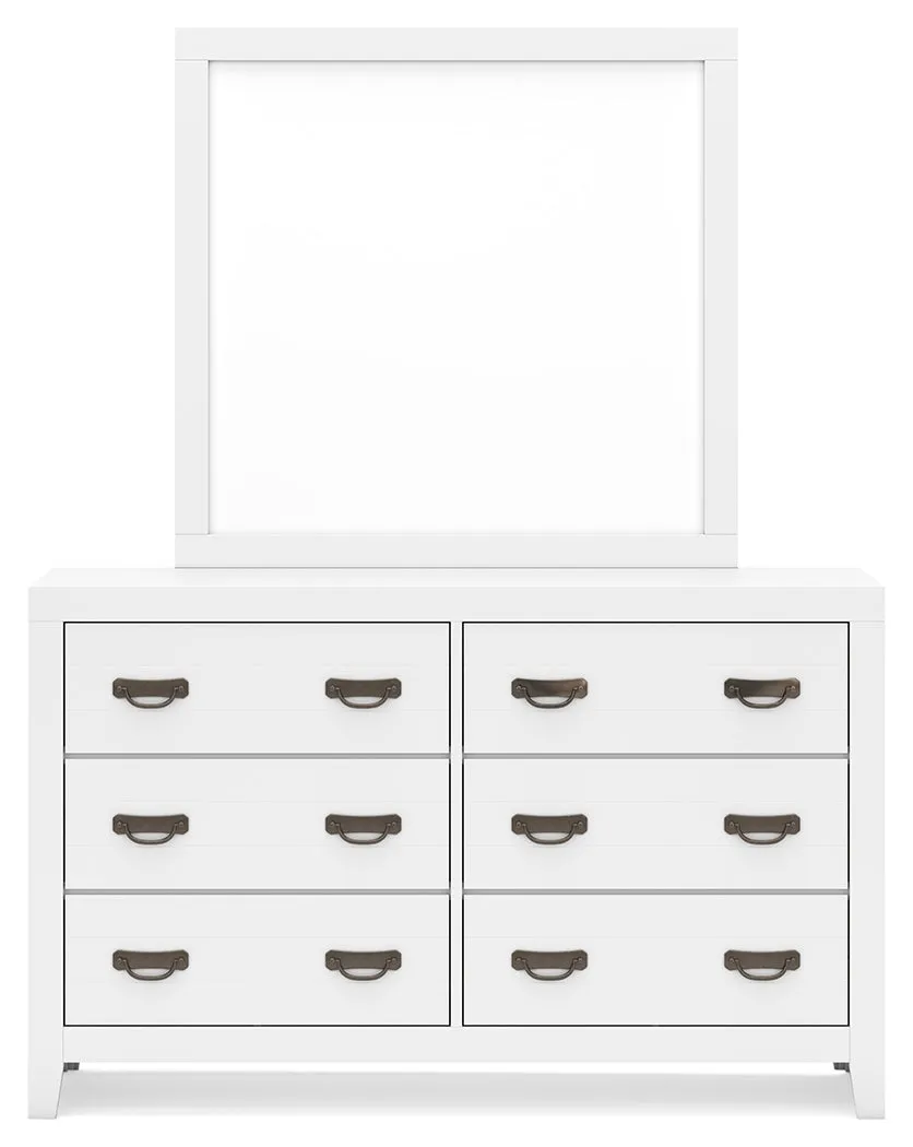 Binterglen Queen Panel Bed with Mirrored Dresser and Nightstand in White