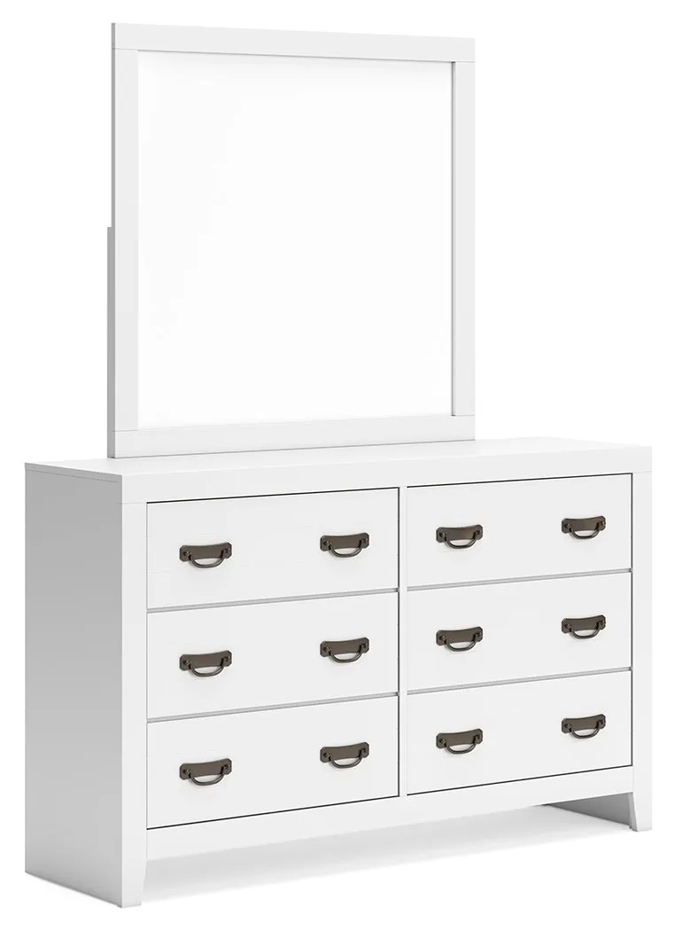 Binterglen Queen Panel Bed with Mirrored Dresser and Nightstand in White