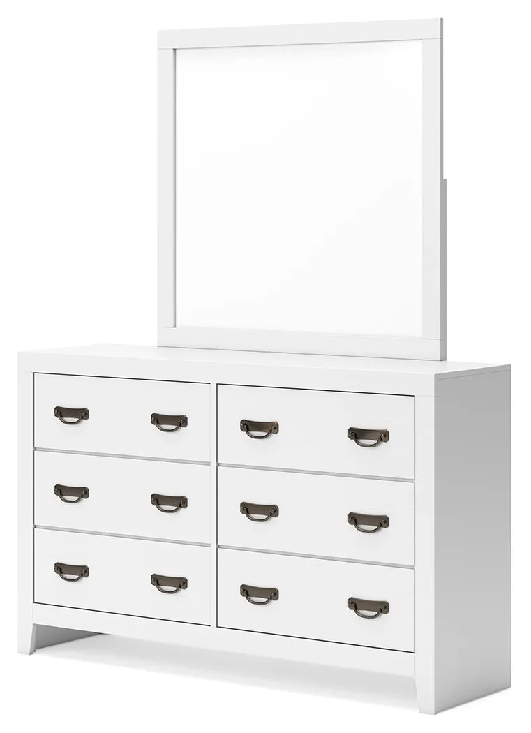 Binterglen Queen Panel Bed with Mirrored Dresser and Nightstand in White