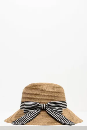 Black And Stone Ribbon Straw Bucket Natural
