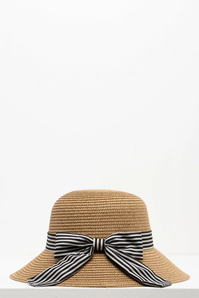 Black And Stone Ribbon Straw Bucket Natural