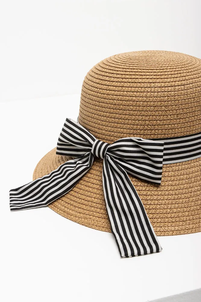 Black And Stone Ribbon Straw Bucket Natural