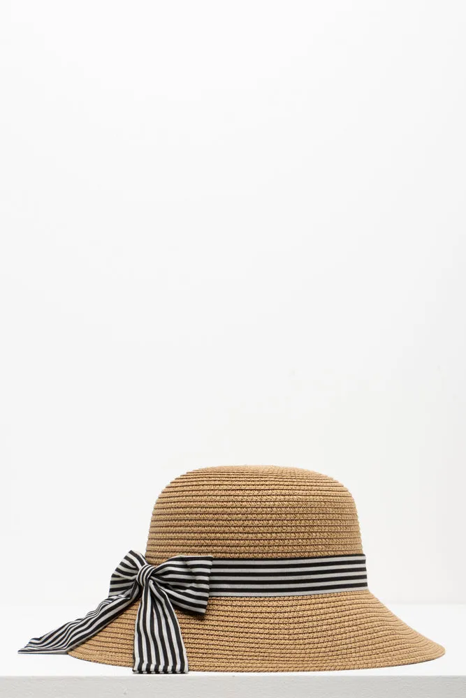 Black And Stone Ribbon Straw Bucket Natural