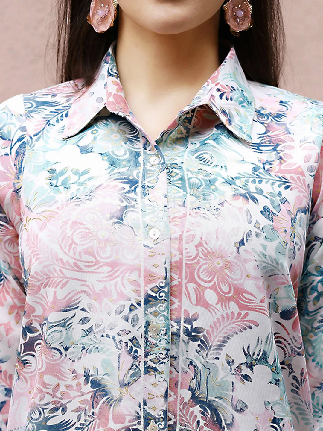 Blue & Pink Rayon Floral Printed Top with Matching Bottom - Eesha
