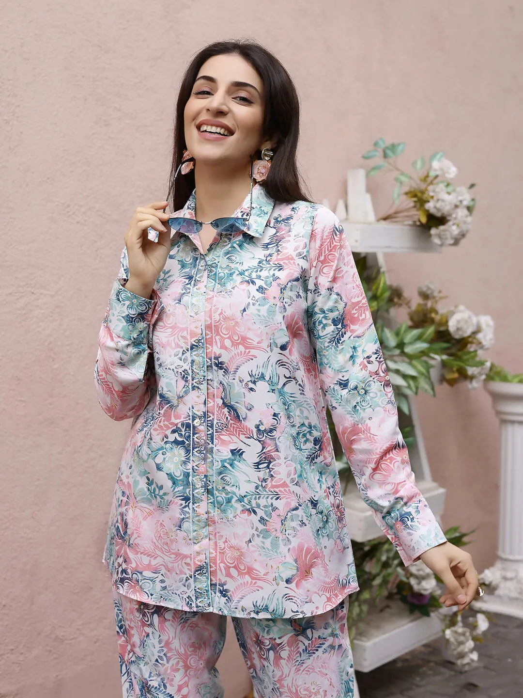 Blue & Pink Rayon Floral Printed Top with Matching Bottom - Eesha