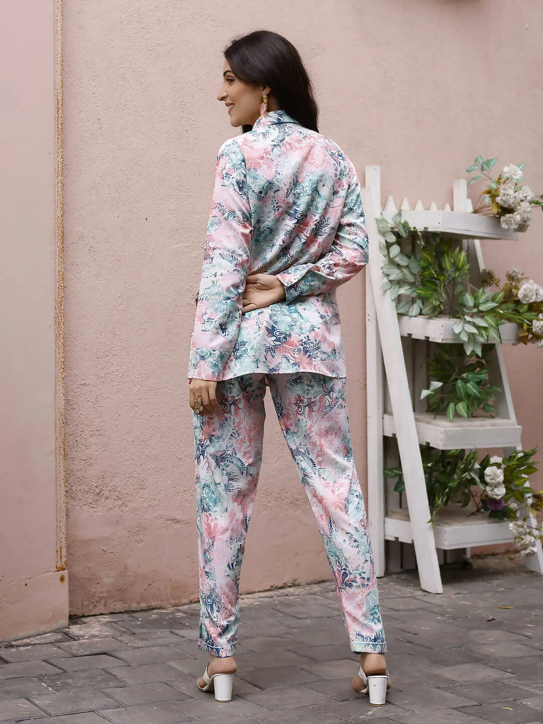 Blue & Pink Rayon Floral Printed Top with Matching Bottom - Eesha