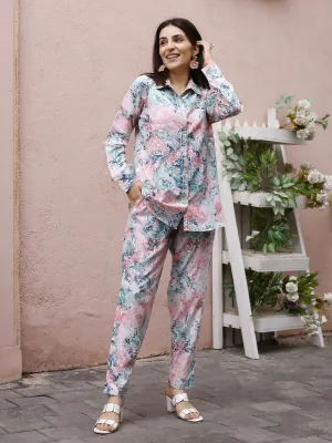 Blue & Pink Rayon Floral Printed Top with Matching Bottom - Eesha