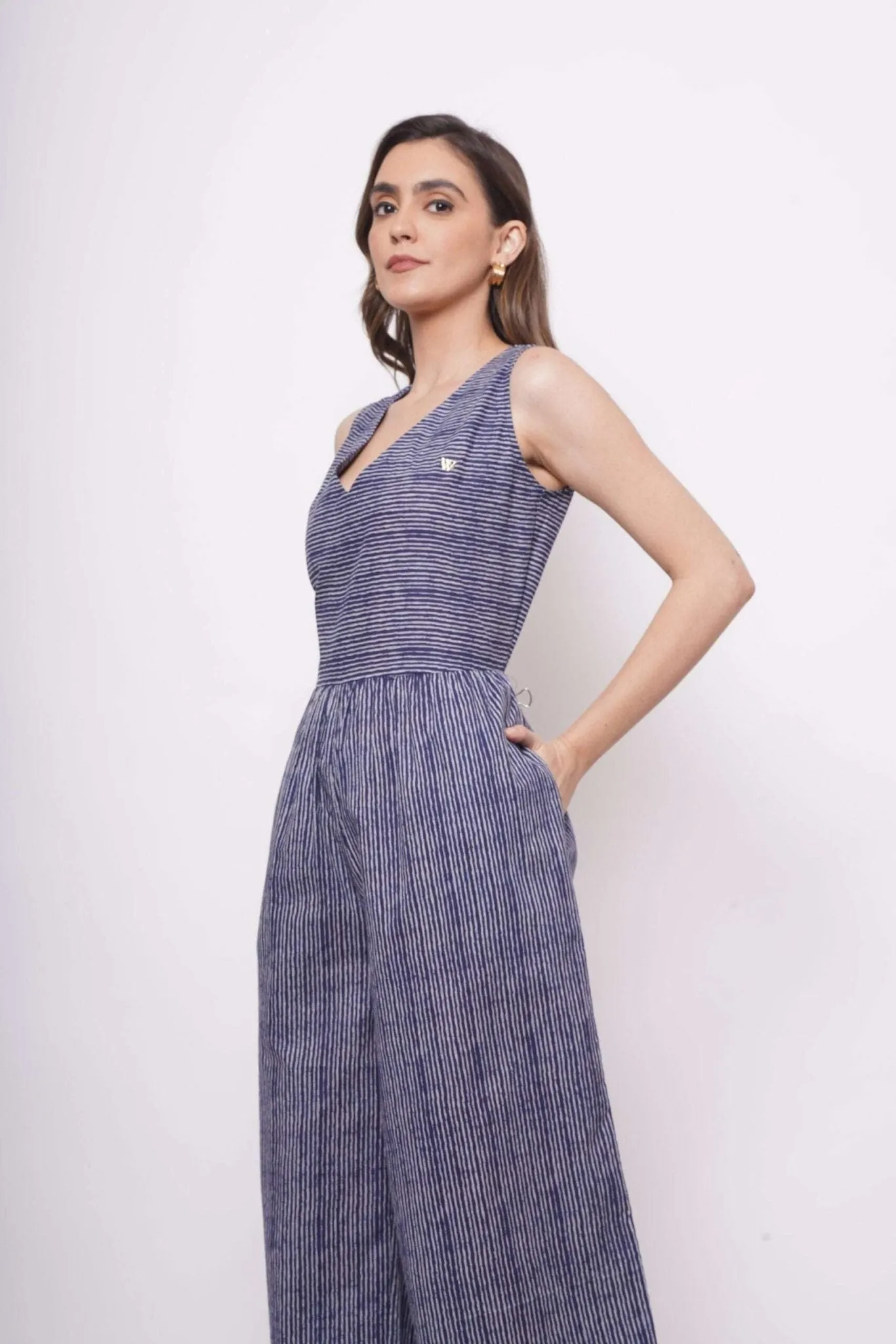 Blue White Pinstripe Sleeveless Jumpsuit