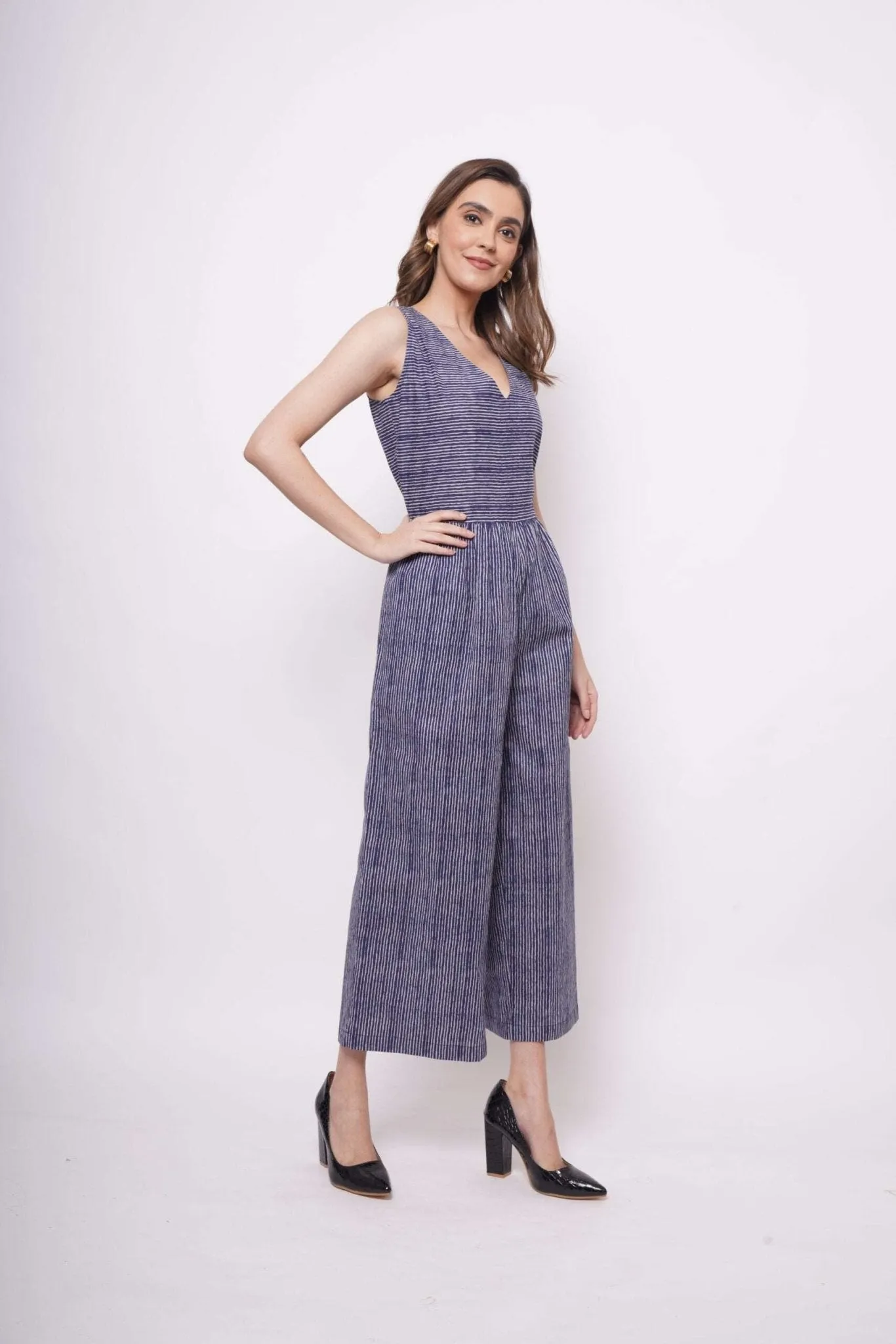Blue White Pinstripe Sleeveless Jumpsuit