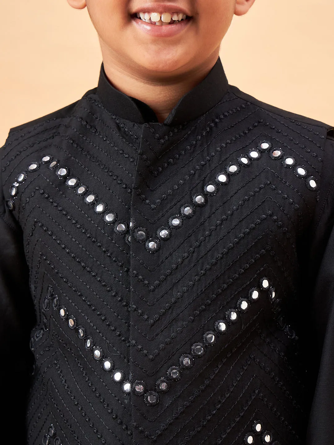 Boy's Black Jacket, Kurta And Pyjama Set - Vastramay Boys