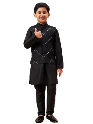 Boy's Black Jacket, Kurta And Pyjama Set - Vastramay Boys