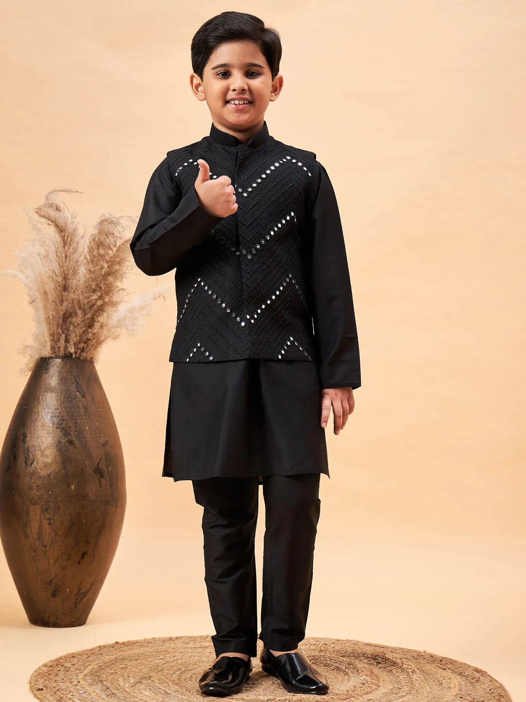 Boy's Black Jacket, Kurta And Pyjama Set - Vastramay Boys