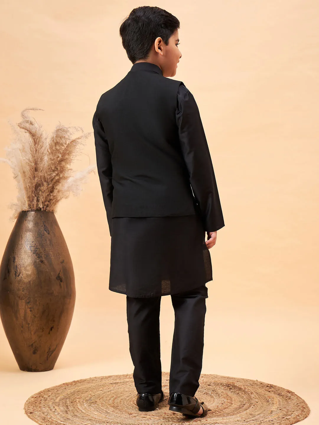 Boy's Black Jacket, Kurta And Pyjama Set - Vastramay Boys