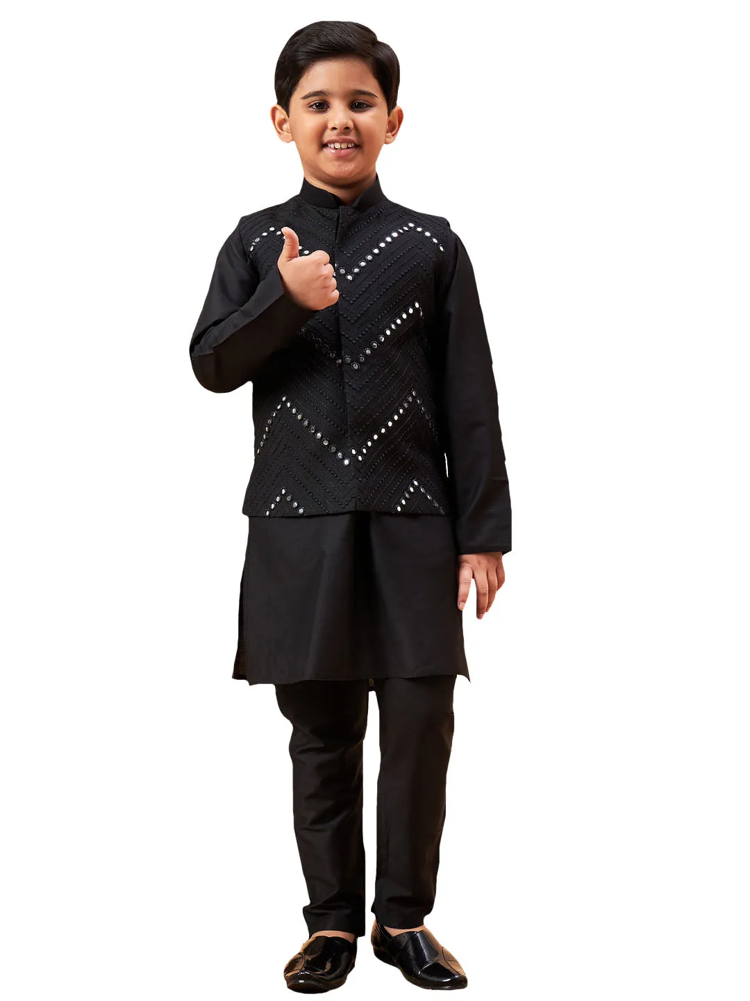 Boy's Black Jacket, Kurta And Pyjama Set - Vastramay Boys