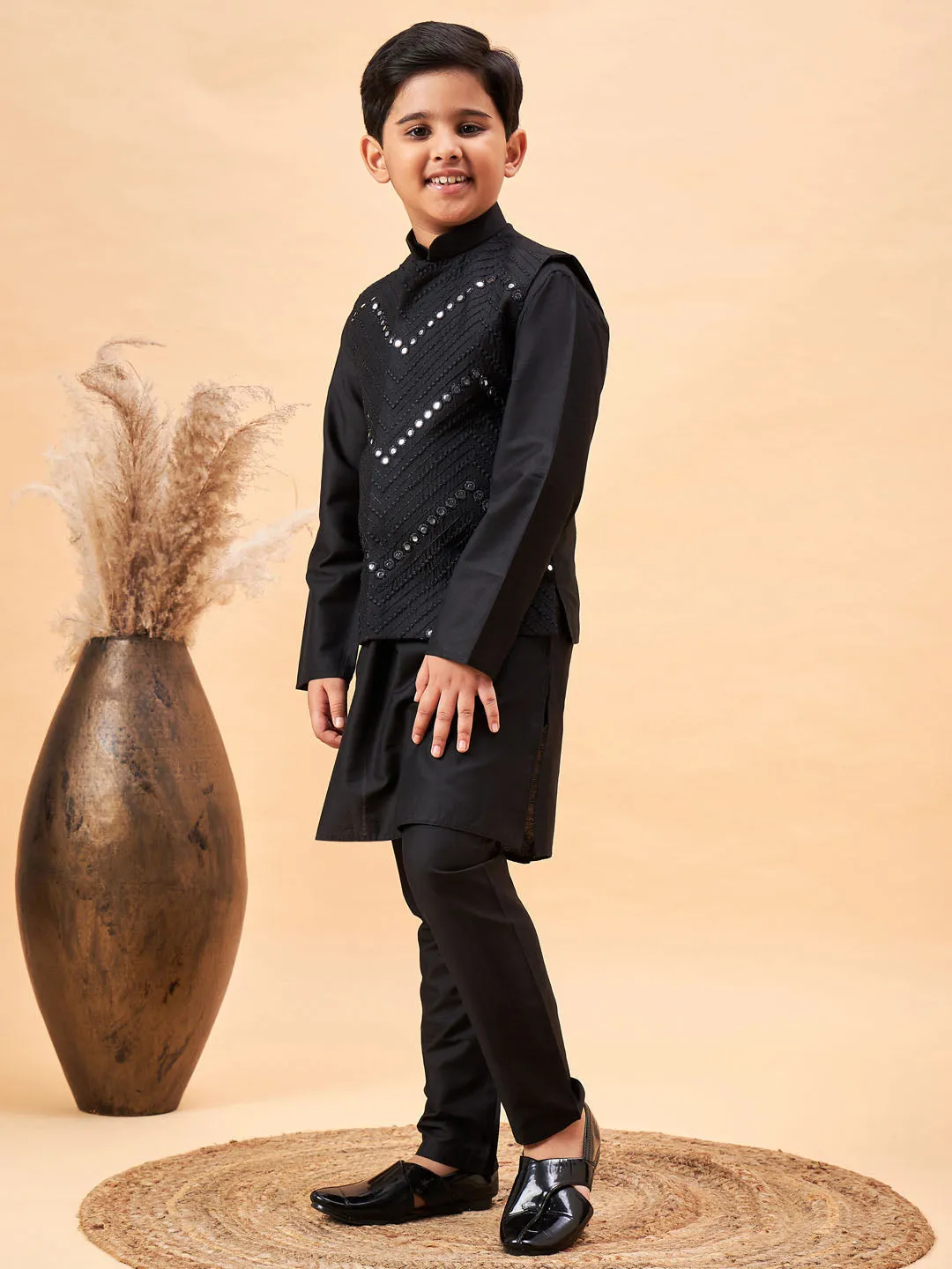 Boy's Black Jacket, Kurta And Pyjama Set - Vastramay Boys