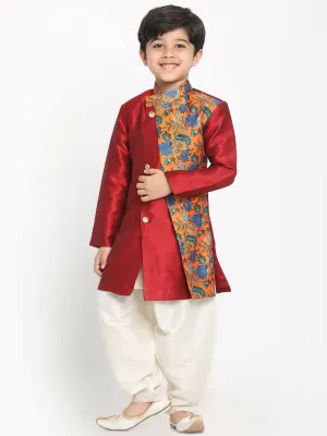 Boy's Multicolor Base Red Silk Blend Kurta And Dhoti Set - JBN Creation