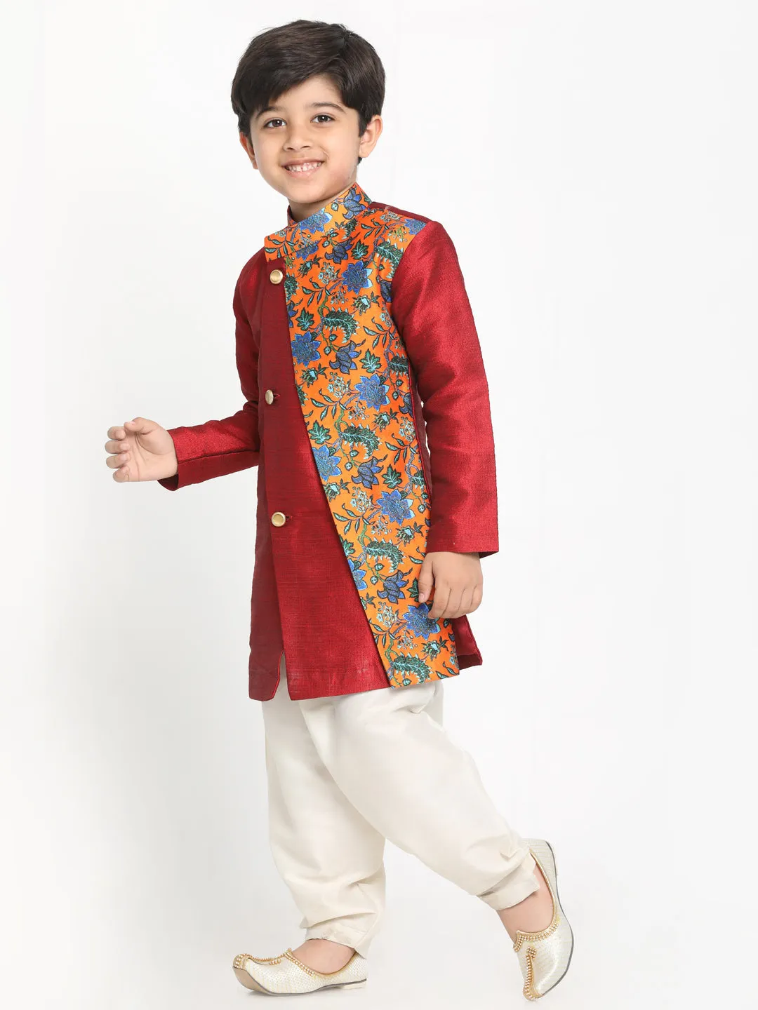 Boy's Multicolor Base Red Silk Blend Kurta And Dhoti Set - JBN Creation