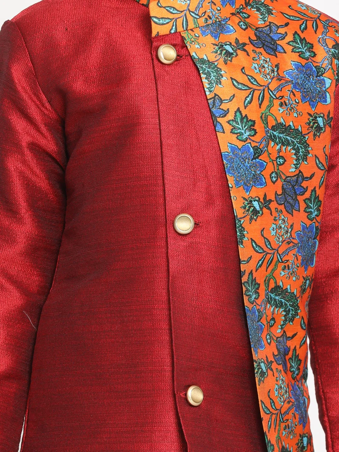 Boy's Multicolor Base Red Silk Blend Kurta And Dhoti Set - JBN Creation