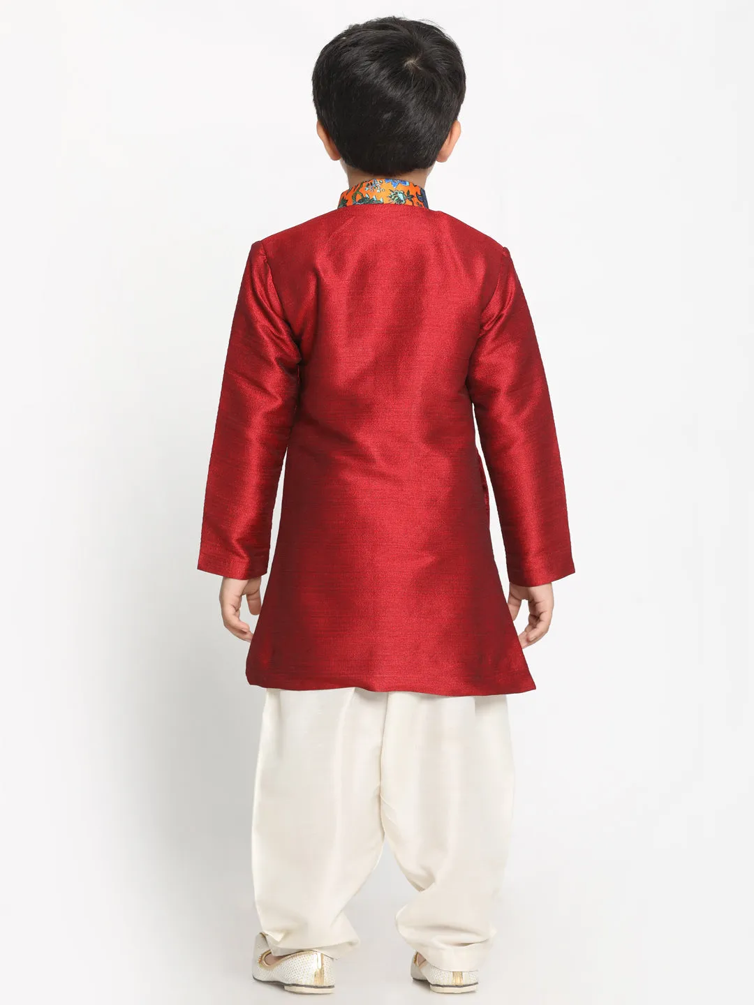 Boy's Multicolor Base Red Silk Blend Kurta And Dhoti Set - JBN Creation