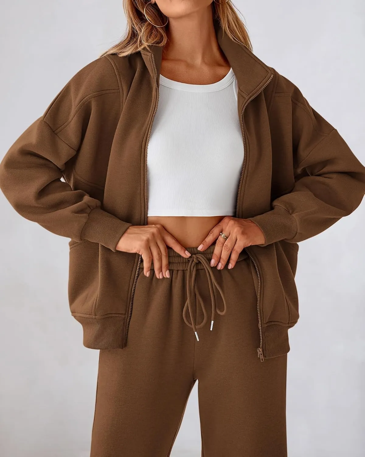 BTFBM Womens Sweatsuits 2 Piece Set 2025 Fleece Long Sleeve Zip Up Sweatshirt Sweatpants Winter Fall Outfits Jogger Sets
