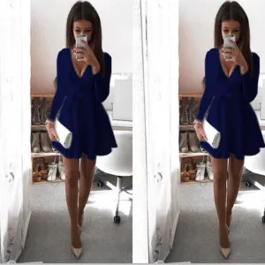 Candy Color Deep V-neck Long Sleeves Bowknot Short Pleated Dress