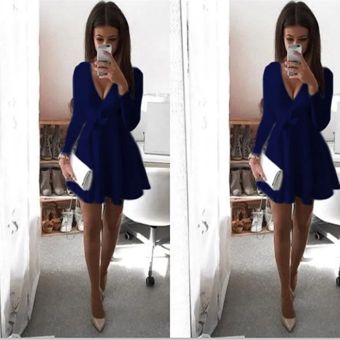 Candy Color Deep V-neck Long Sleeves Bowknot Short Pleated Dress