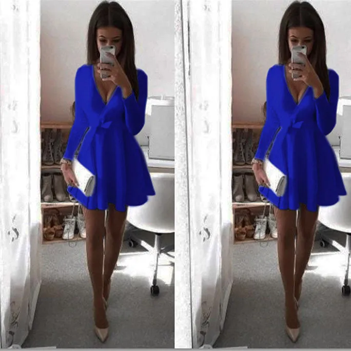 Candy Color Deep V-neck Long Sleeves Bowknot Short Pleated Dress