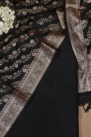 Classic Black Plain Silk Suit With Black Banarasi Silk Dupatta