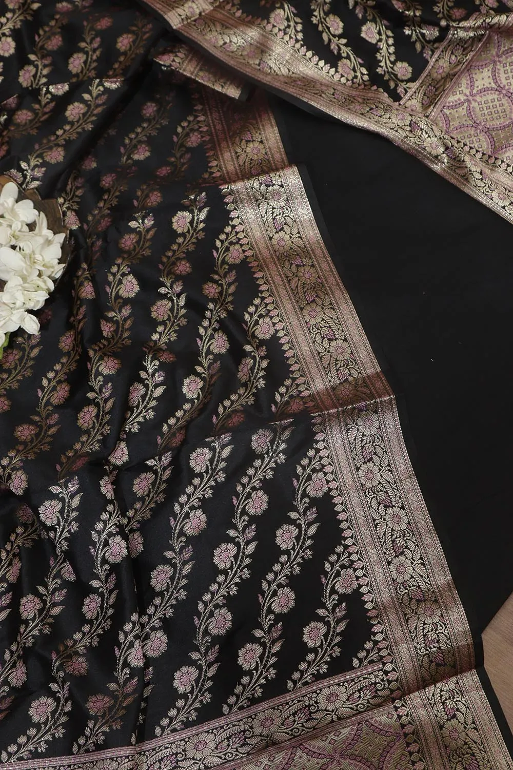 Classic Black Plain Silk Suit With Black Banarasi Silk Dupatta