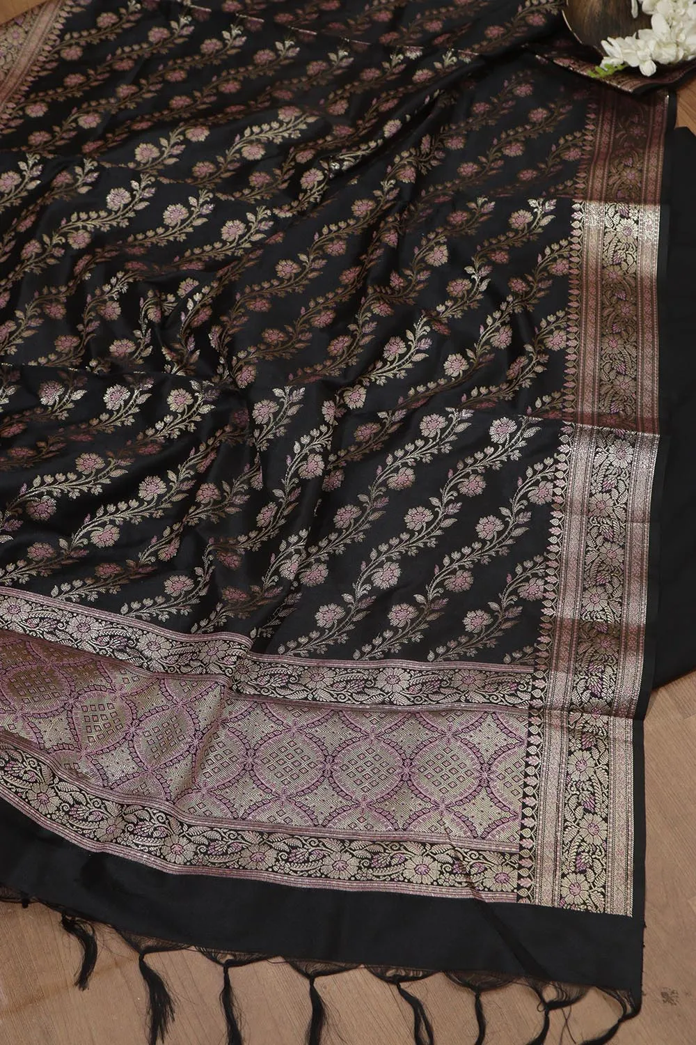 Classic Black Plain Silk Suit With Black Banarasi Silk Dupatta