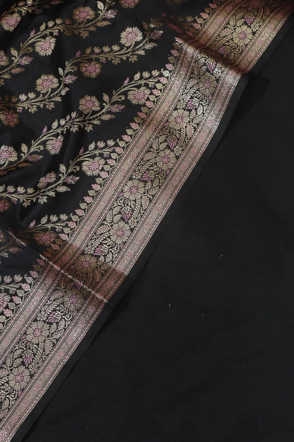 Classic Black Plain Silk Suit With Black Banarasi Silk Dupatta